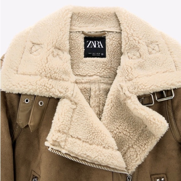 Zara trendy tan beige aviator faux suede Sherpa shearling moto jacket size S - Picture 6 of 15